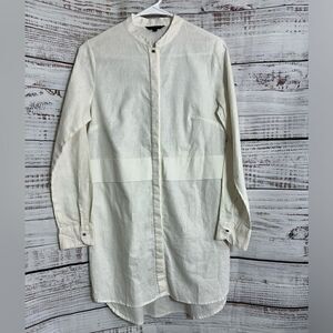 The Executive Top Womens Sz M Gauze Linen blend Ivory Minimalist Mandarin collar